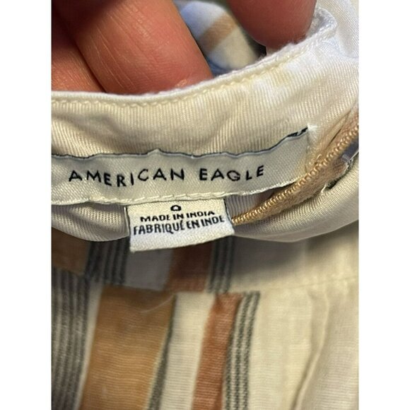 American Eagle Womens Linen Blend cropped Jumper Romper Sz 0 Ivory Plaid Straps - Picture 6 of 9